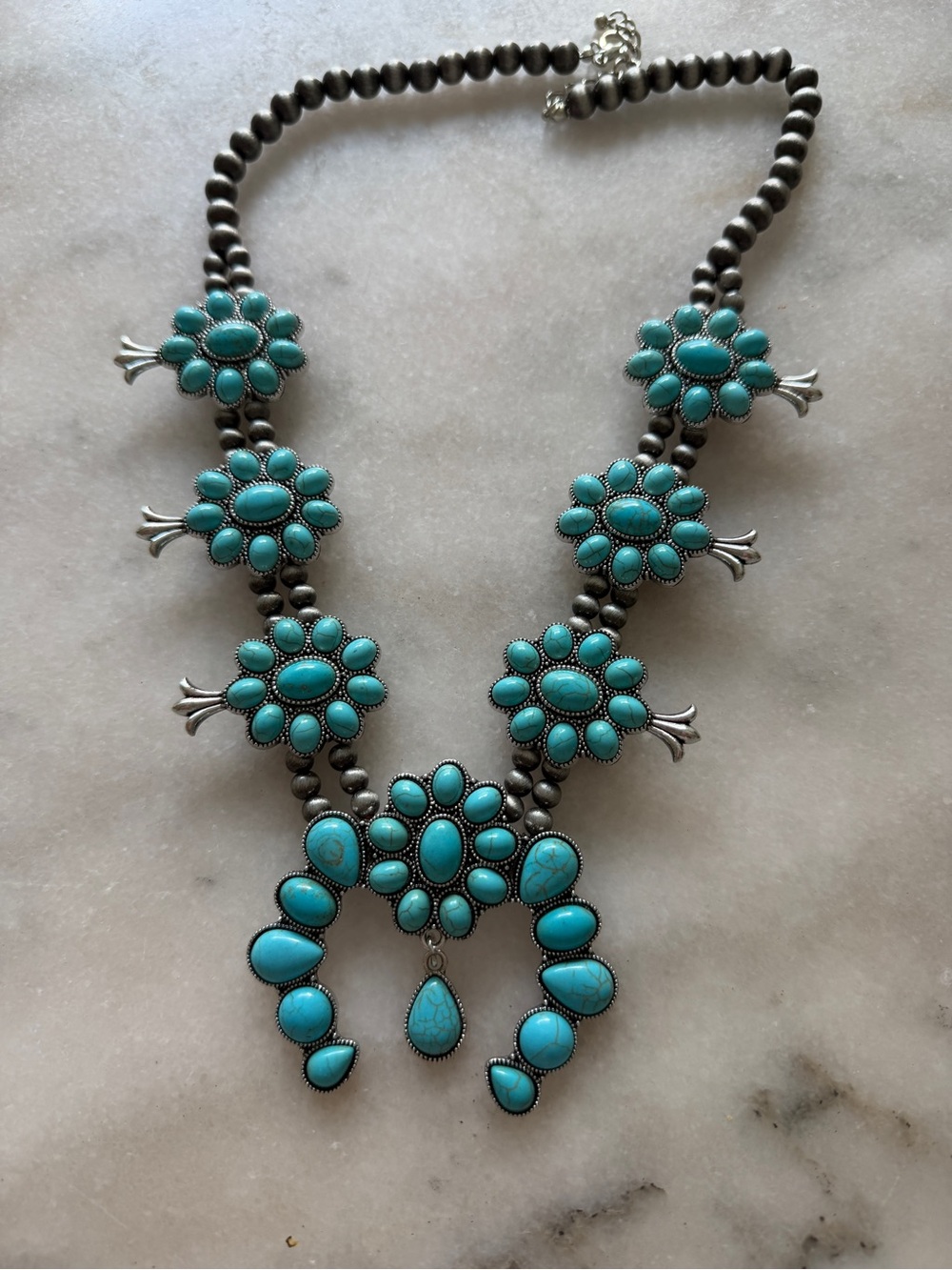 Wrangler Turquoise and Silver Squash Blossom Necklace